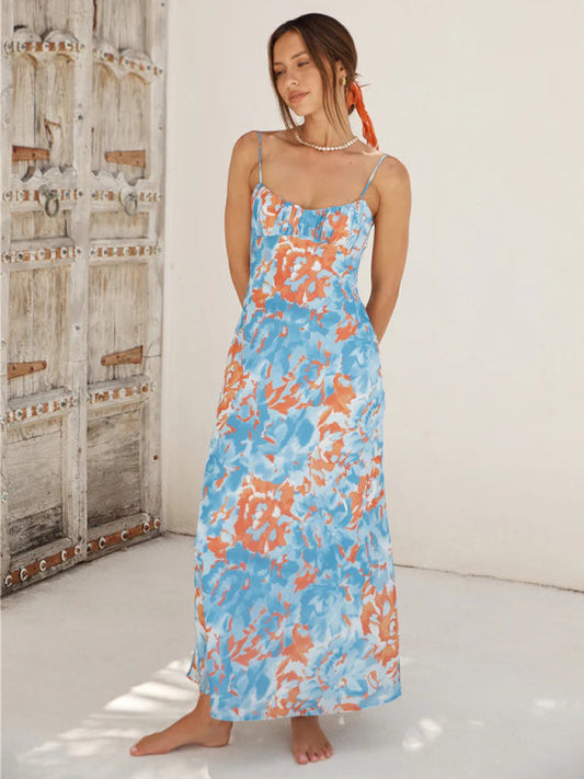 Robe longue caraco florale dos nu pour Garden Party