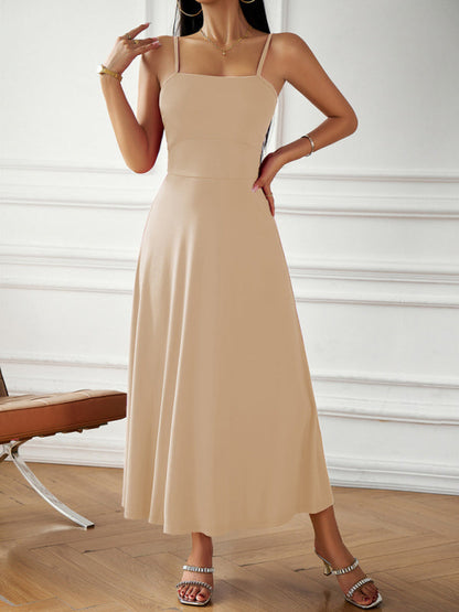 Cami Dresses- Solid Elegant A-Line Open Back Cami Long Dress- - IndioGear Fashion and Gear