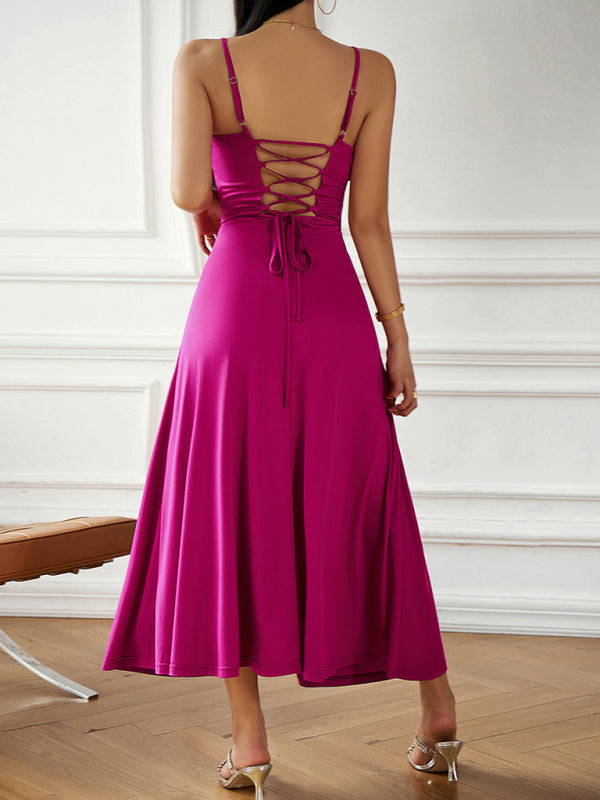 Cami Dresses- Solid Elegant A-Line Open Back Cami Long Dress- - IndioGear Fashion and Gear