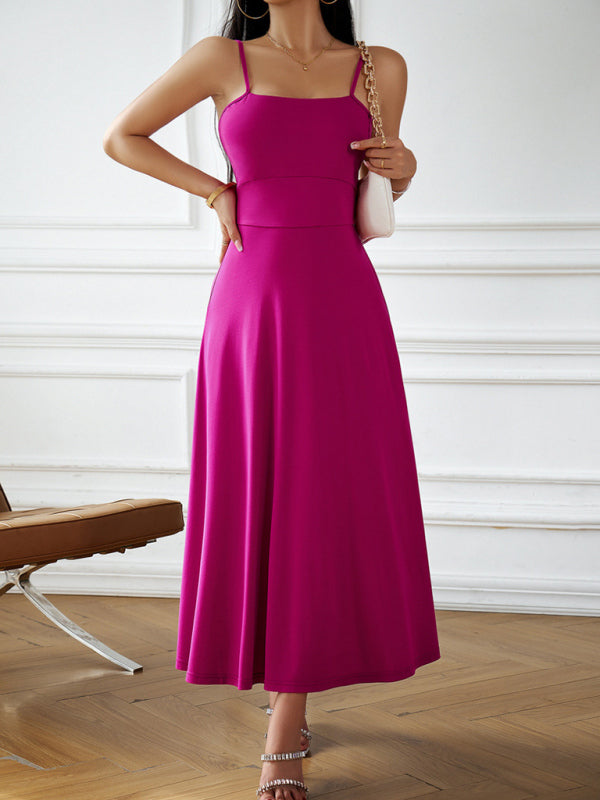 Cami Dresses- Solid Elegant A-Line Open Back Cami Long Dress- Purple- IndioGear Fashion and Gear