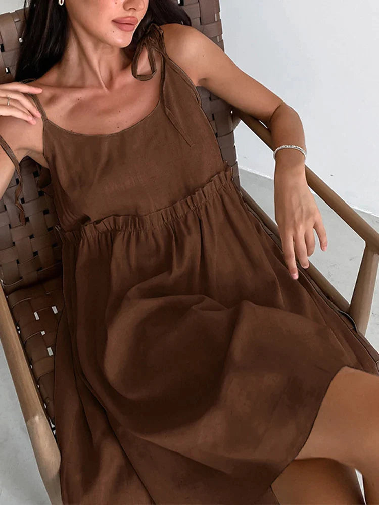 Cami Dresses- Solid Tie-Shoulder Sundress - Sleeveless Cotton-Linen Tunic Dress- Brown- Chuzko Women Clothing