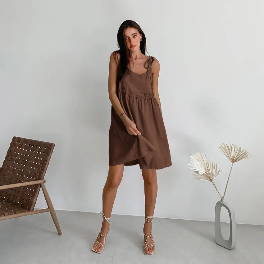 Cami Dresses- Solid Tie-Shoulder Sundress - Sleeveless Cotton-Linen Tunic Dress- - Chuzko Women Clothing