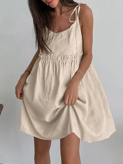 Cami Dresses- Solid Tie-Shoulder Sundress - Sleeveless Cotton-Linen Tunic Dress- - Chuzko Women Clothing