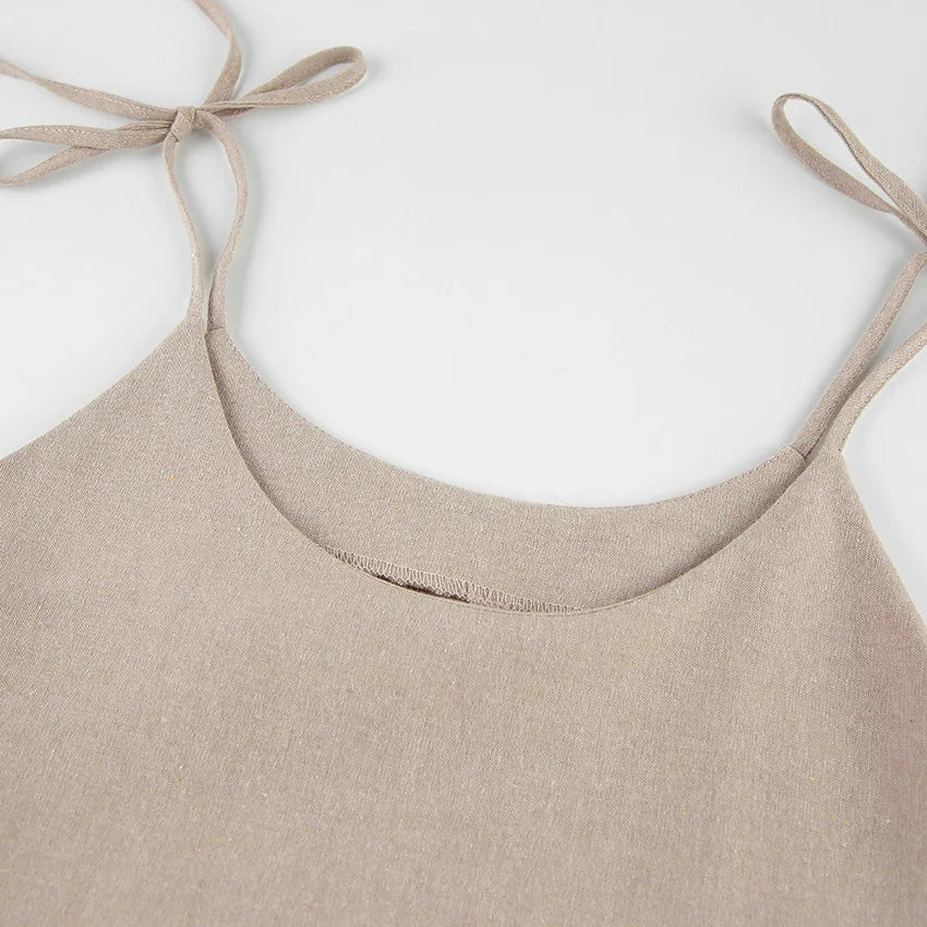 Cami Dresses- Solid Tie-Shoulder Sundress - Sleeveless Cotton-Linen Tunic Dress- - Chuzko Women Clothing