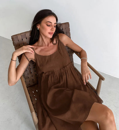 Cami Dresses- Solid Tie-Shoulder Sundress - Sleeveless Cotton-Linen Tunic Dress- - Chuzko Women Clothing