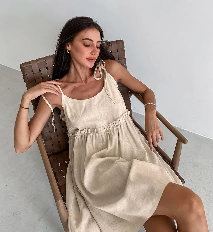 Cami Dresses- Solid Tie-Shoulder Sundress - Sleeveless Cotton-Linen Tunic Dress- - Chuzko Women Clothing