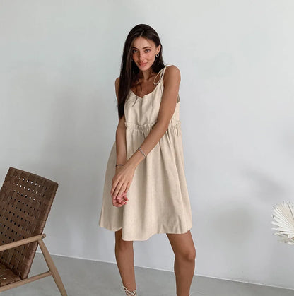 Cami Dresses- Solid Tie-Shoulder Sundress - Sleeveless Cotton-Linen Tunic Dress- - Chuzko Women Clothing