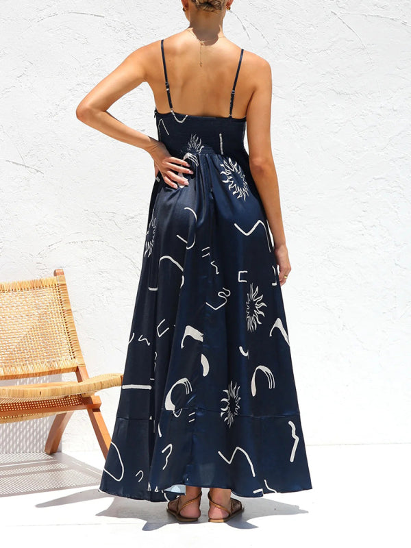 Cami Dresses- Summer Black Print A-Line Cami Maxi Dress- - IndioGear Fashion and Gear