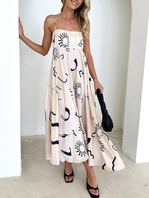 Cami Dresses- Summer Black Print A-Line Cami Maxi Dress- - IndioGear Fashion and Gear