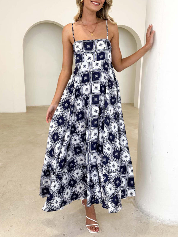 Cami Dresses- Summer Black Print A-Line Cami Maxi Dress- - IndioGear Fashion and Gear