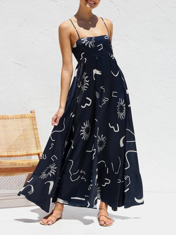 Cami Dresses- Summer Black Print A-Line Cami Maxi Dress- Champlain color- IndioGear Fashion and Gear