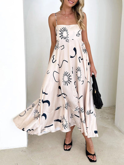 Cami Dresses- Summer Black Print A-Line Cami Maxi Dress- - IndioGear Fashion and Gear