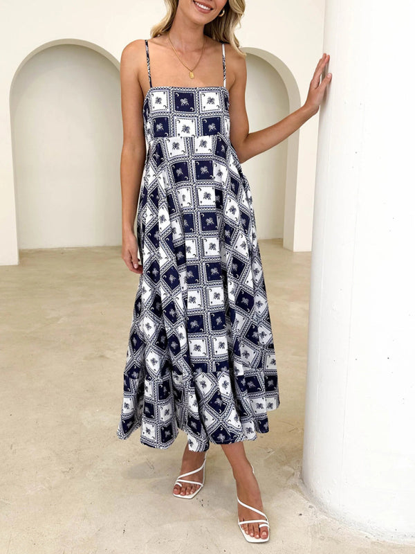 Cami Dresses- Summer Black Print A-Line Cami Maxi Dress- - IndioGear Fashion and Gear