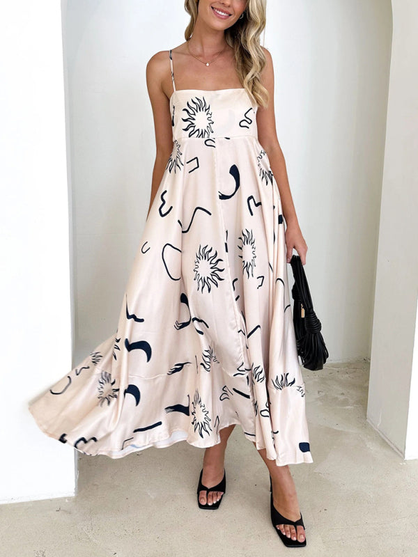 Cami Dresses- Summer Black Print A-Line Cami Maxi Dress- - IndioGear Fashion and Gear