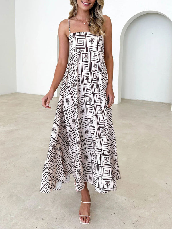 Cami Dresses- Summer Black Print A-Line Cami Maxi Dress- Cracker khaki- IndioGear Fashion and Gear