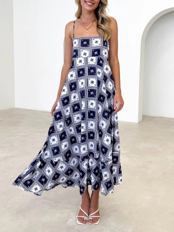 Cami Dresses- Summer Black Print A-Line Cami Maxi Dress- Black- IndioGear Fashion and Gear