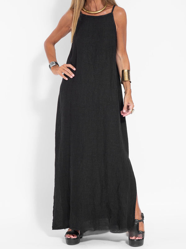 Cami Maxi Dress- Essential Solid Cotton Cami Tunic Maxi Dress- Black- IndioGear Fashion and Gear