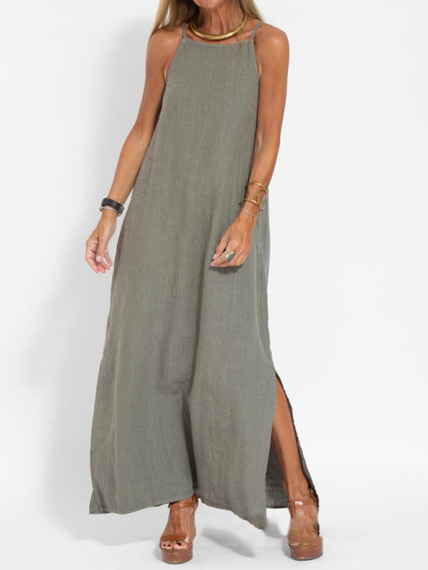 Cami Maxi Dress- Essential Solid Cotton Cami Tunic Maxi Dress- - IndioGear Fashion and Gear