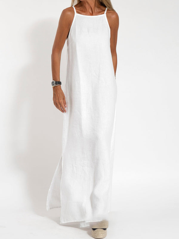 Cami Maxi Dress- Essential Solid Cotton Cami Tunic Maxi Dress- White- IndioGear Fashion and Gear