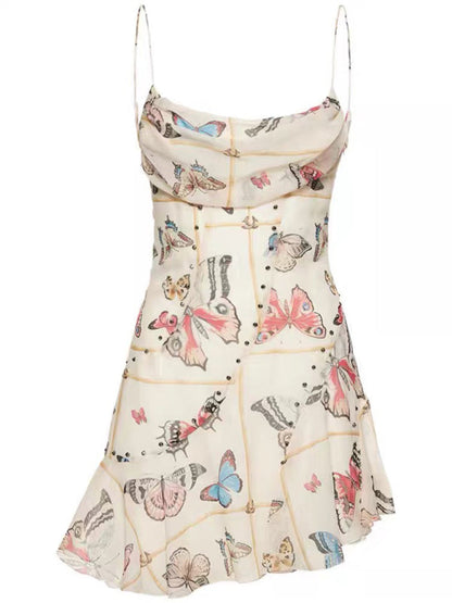 Cami Mini Dresses- Romantic Butterfly Print Cowl Neck Mini Dress for Date Night- - IndioGear Clothing and Gear