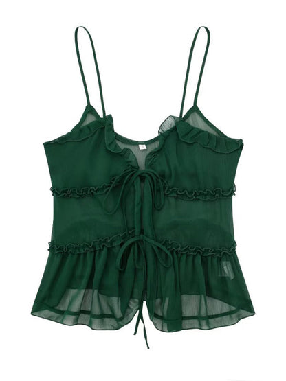 Cami Top- Sheer Layered Cami Top - Ruffle Accents, Tie Front Blouse- Green- Pekosa Women Clothing