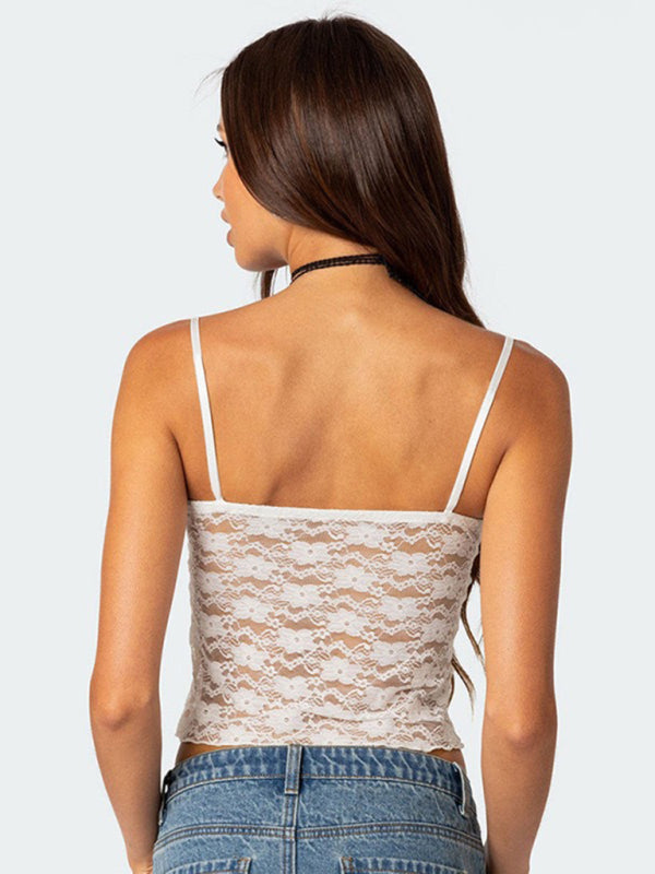 Cami Tops- Floral Lace Spaghetti Strap Top - V-Neck Cami- - IndioGear Fashion and Gear