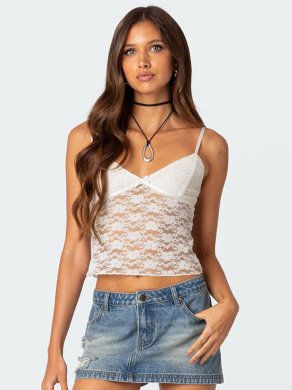 Cami Tops- Floral Lace Spaghetti Strap Top - V-Neck Cami- - IndioGear Fashion and Gear