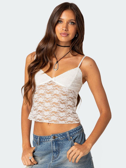 Cami Tops- Floral Lace Spaghetti Strap Top - V-Neck Cami- - IndioGear Fashion and Gear