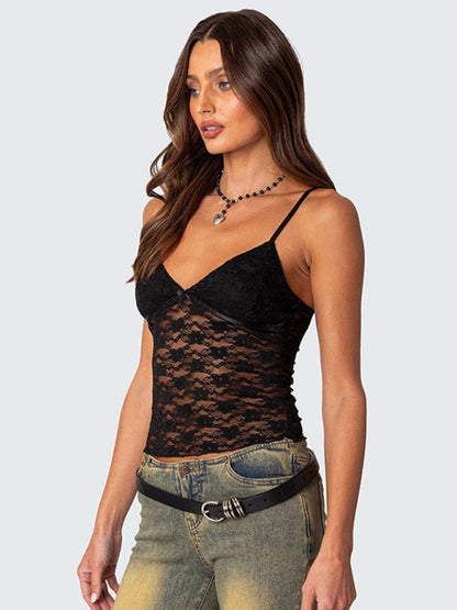 Cami Tops- Floral Lace Spaghetti Strap Top - V-Neck Cami- Black- IndioGear Fashion and Gear