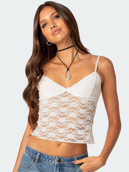 Cami Tops- Floral Lace Spaghetti Strap Top - V-Neck Cami- White- IndioGear Fashion and Gear