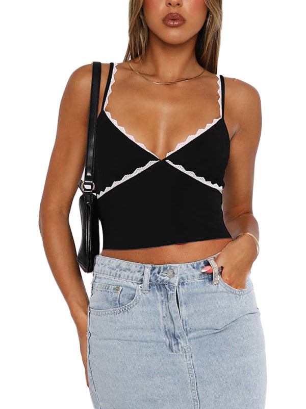 Cami Tops- Solid Contrast Lace-Trimmed Cami Crop Top- Black- IndioGear Fashion and Gear