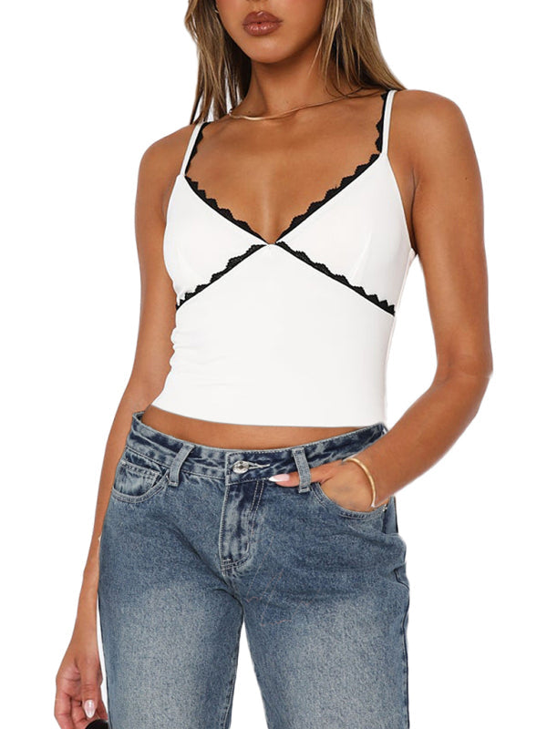 Cami Tops- Solid Contrast Lace-Trimmed Cami Crop Top- White- IndioGear Fashion and Gear