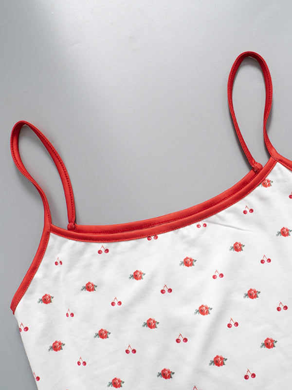 Camis- Cherry Printed Cami Tie-Back Summer Top- - IndioGear Fashion and Gear