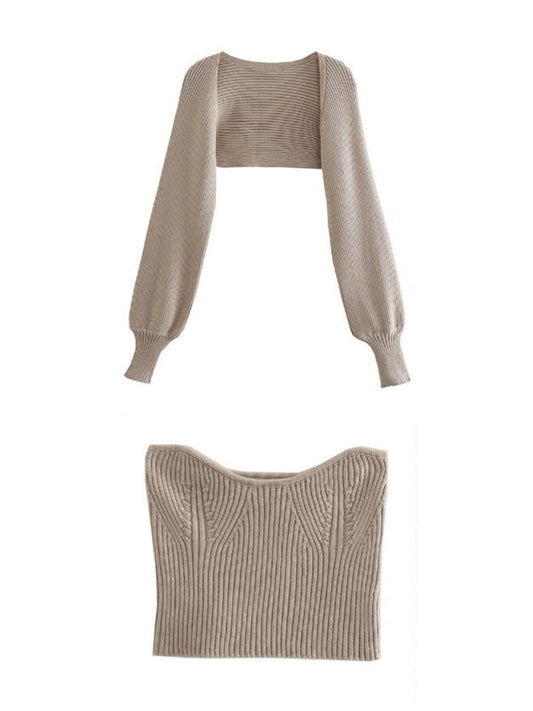 Cardigan + Top- Women's Ribbed Knitted Bolero Cardigan Sweater - Two-Piece Set- Khaki- IndioGear Fashion and Gear