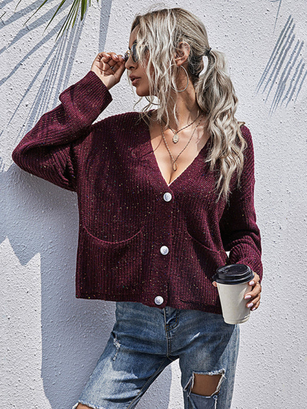 Cardigans- Autumn Sparkly Knit Cardigan Sweater- Wine Red- IndioGear Clothing and Gear