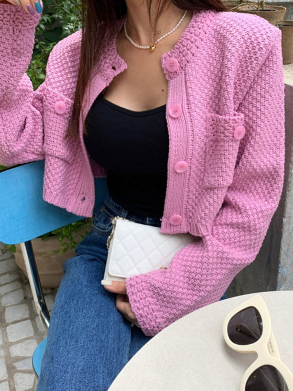 Cardigans- Buttoned Crop Knit Cardigan Sweater- Pink- IndioGear Fashion and Gear