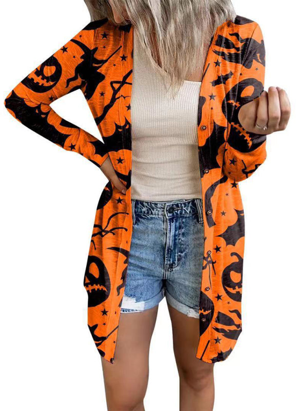 Cardigans- Cat Pumpkin Print Cardigan - Halloween Women Long Top- Chrome yellow- IndioGear Fashion and Gear