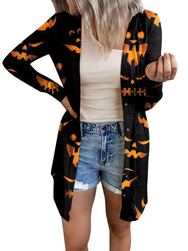 Cardigans- Cat Pumpkin Print Cardigan - Halloween Women Long Top- Black- IndioGear Fashion and Gear