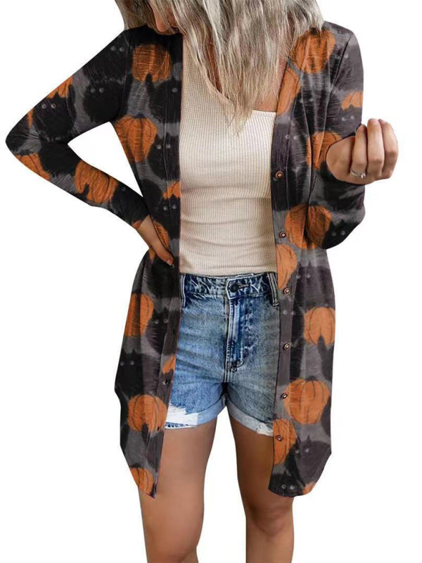 Cardigans- Cat Pumpkin Print Cardigan - Halloween Women Long Top- Grey- IndioGear Fashion and Gear