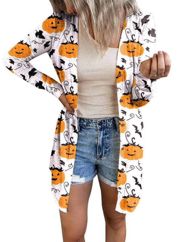 Cardigans- Cat Pumpkin Print Cardigan - Halloween Women Long Top- White- IndioGear Fashion and Gear