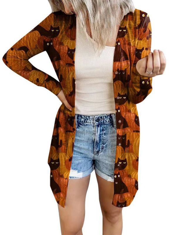 Cardigans- Cat Pumpkin Print Cardigan - Halloween Women Long Top- Orange- IndioGear Fashion and Gear