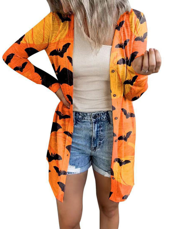 Cardigans- Cat Pumpkin Print Cardigan - Halloween Women Long Top- Yellow- IndioGear Fashion and Gear