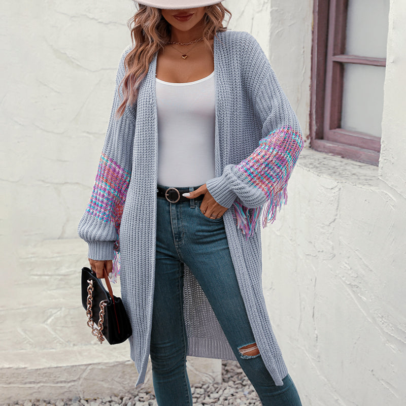 Cardigans- Duster Knit Cardigan - Winter Fringe Coat- Grey- IndioGear Fashion and Gear