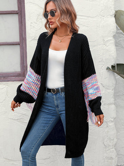 Cardigans- Duster Knit Cardigan - Winter Fringe Coat- Black- IndioGear Fashion and Gear