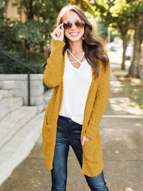 Cardigans- Fall Essential Mid-Length Knit Duster Cardigan with Pockets- Yellow- IndioGear Clothing and Gear