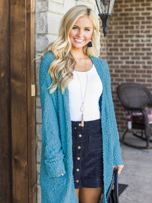 Cardigans- Fall Essential Mid-Length Knit Duster Cardigan with Pockets- Blue- IndioGear Clothing and Gear