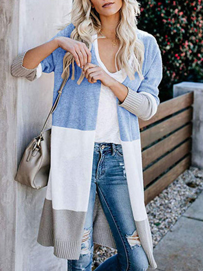 Cardigans- Fall Fashion Stripe Knit Duster Cardigan for Casual Wear- Sky blue azure- IndioGear Clothing and Gear