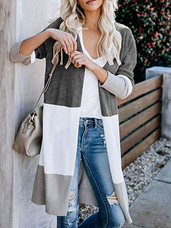 Cardigans- Fall Fashion Stripe Knit Duster Cardigan for Casual Wear- Grey- IndioGear Clothing and Gear