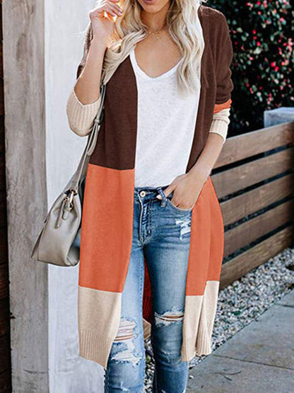 Cardigans- Fall Fashion Stripe Knit Duster Cardigan for Casual Wear- Coffee- IndioGear Clothing and Gear