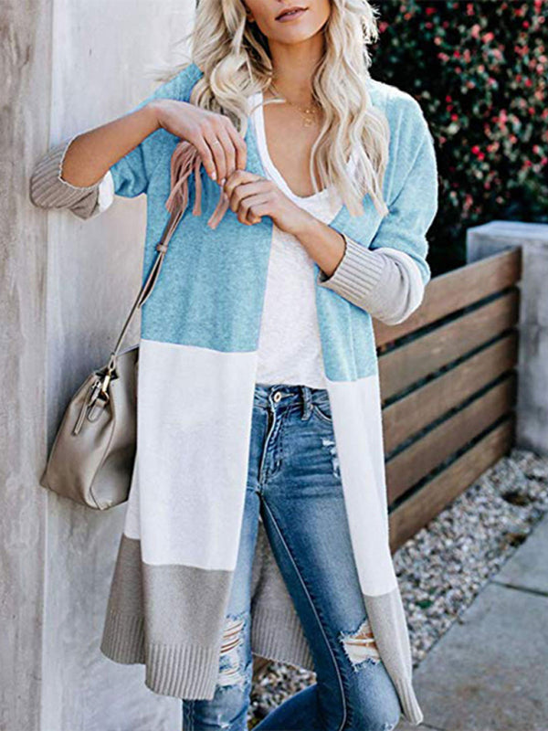 Cardigans- Fall Fashion Stripe Knit Duster Cardigan for Casual Wear- Blue- IndioGear Clothing and Gear